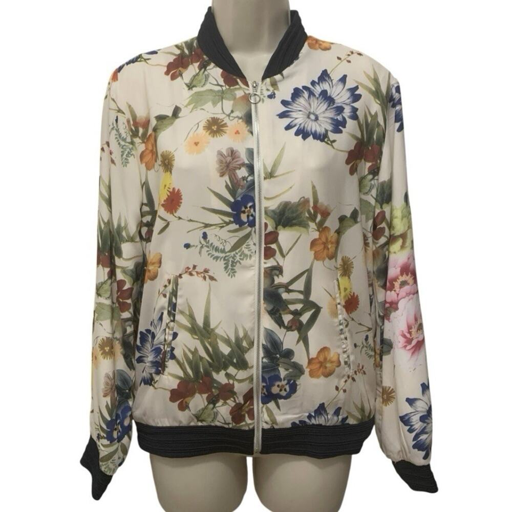 Bagatelle Collection Floral Print Bomber Jacket Women’s Size S Cream Black Trim
